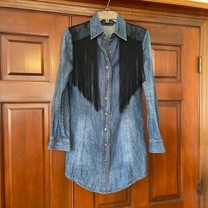 JESSI DENIM TASSEL LACE WESTER TUNIC SHIRT DRESS SIZE XXS